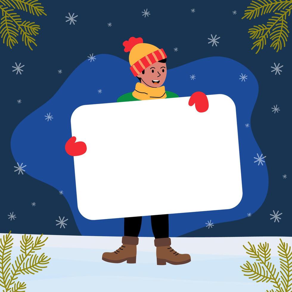 Cheerful child in winter clothing holds blank sign against snowy night background vector