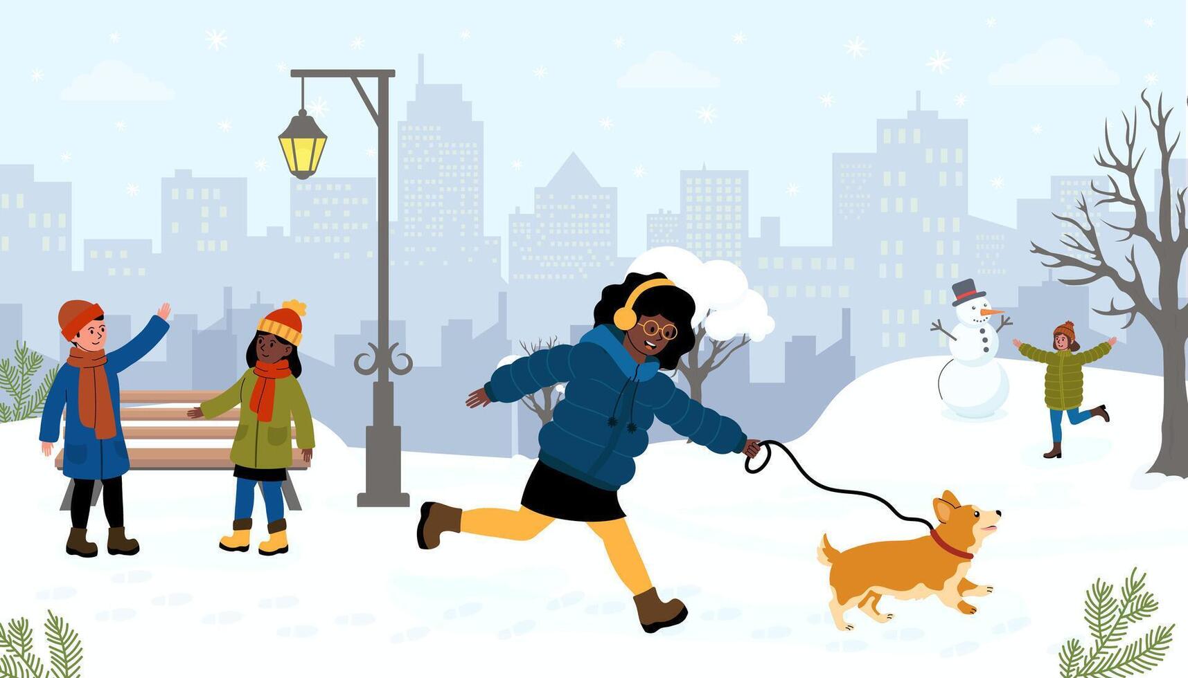 Children enjoy a snowy day while walking a dog and making a snowman in the city park vector
