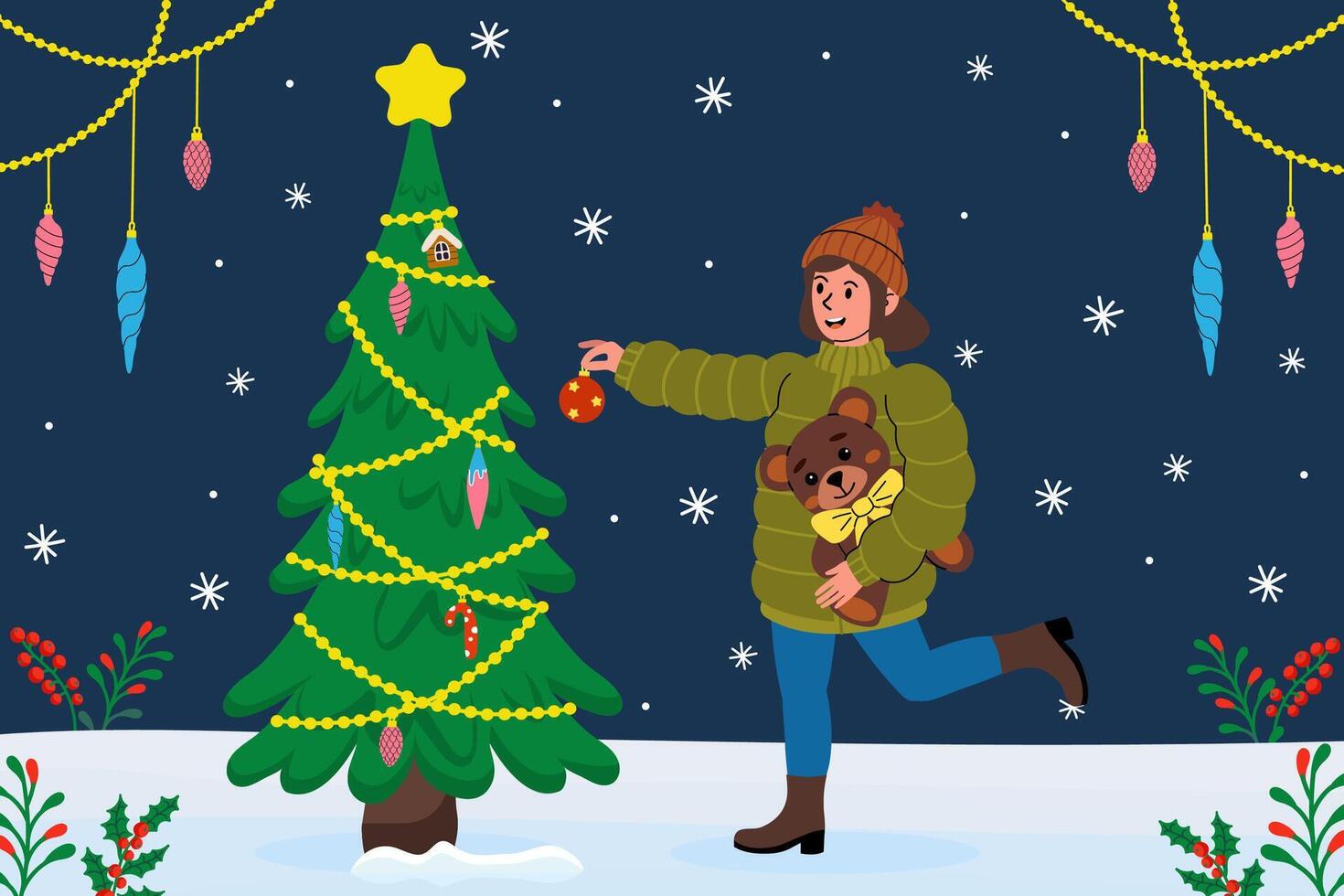 Festive joy with a bear and Christmas tree in a winter wonderland setting vector