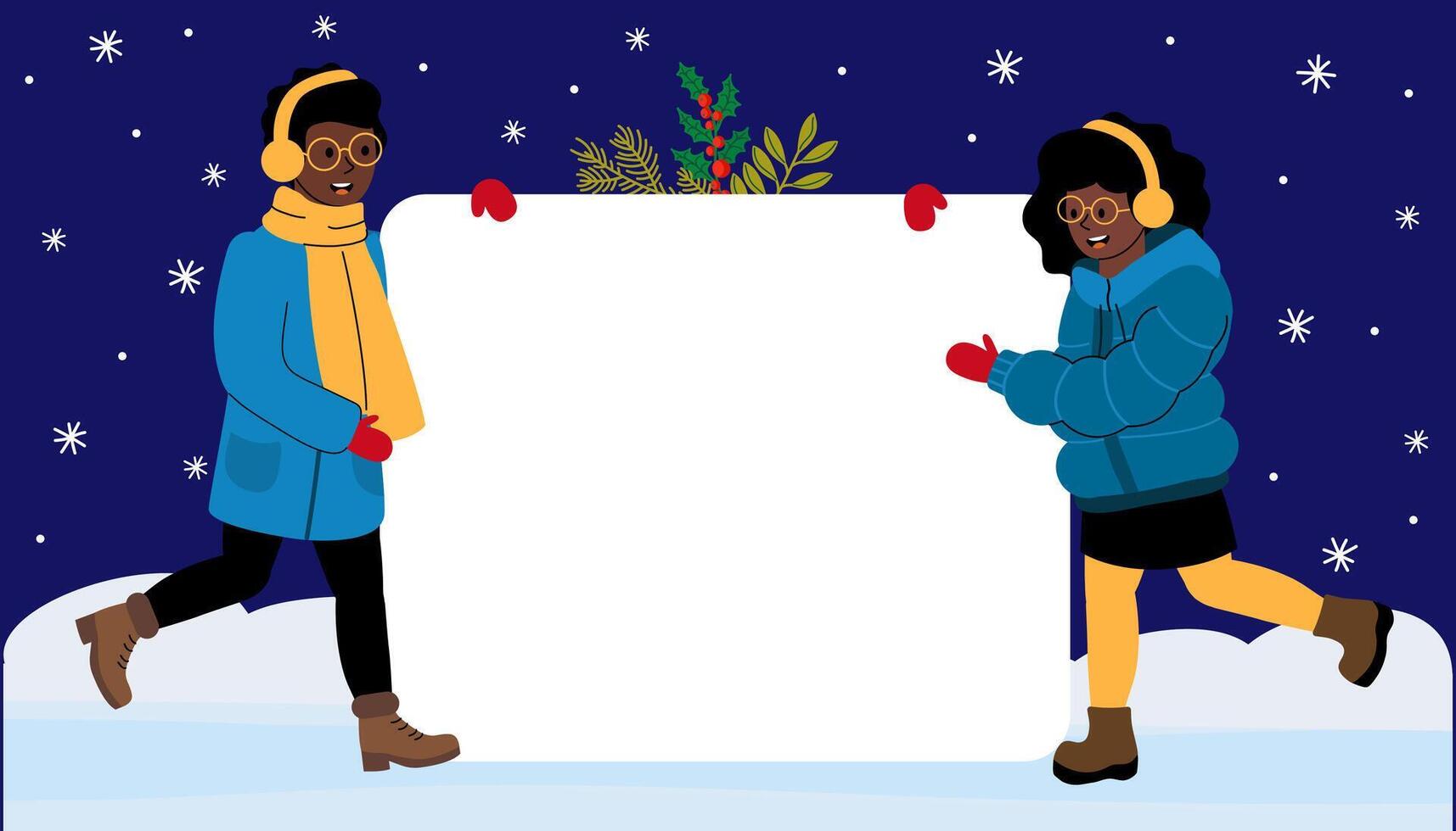 Two friends in winter attire holding a blank sign in a snowy outdoor setting vector