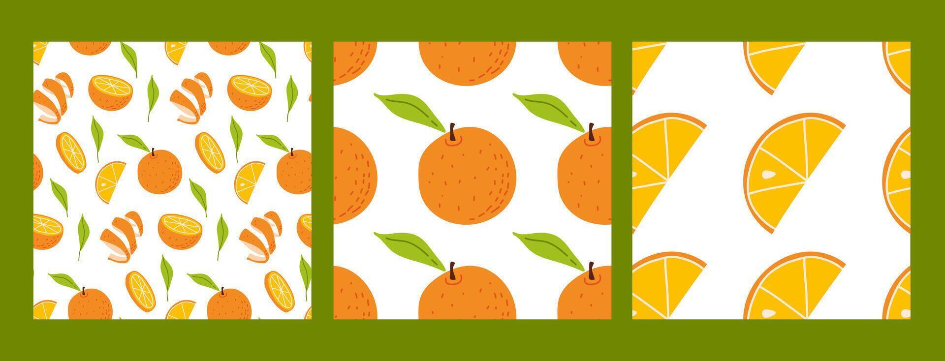 Bright and cheerful patterned designs featuring oranges, slices, and leaves on a white background vector