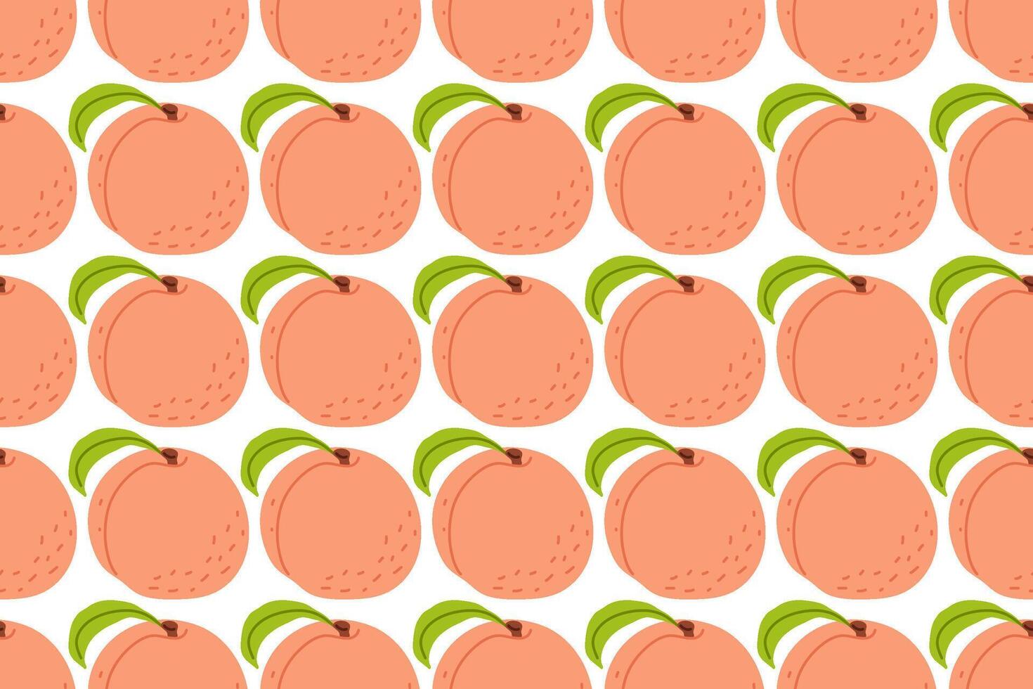 Pattern of repeating peach illustrations with green leaves on a simple white background vector