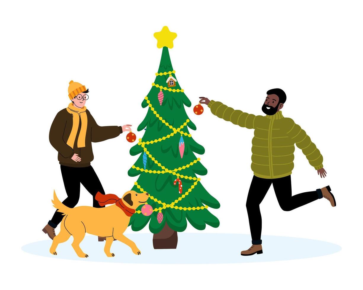 Friends decorate a Christmas tree with a cheerful dog on a winter day vector