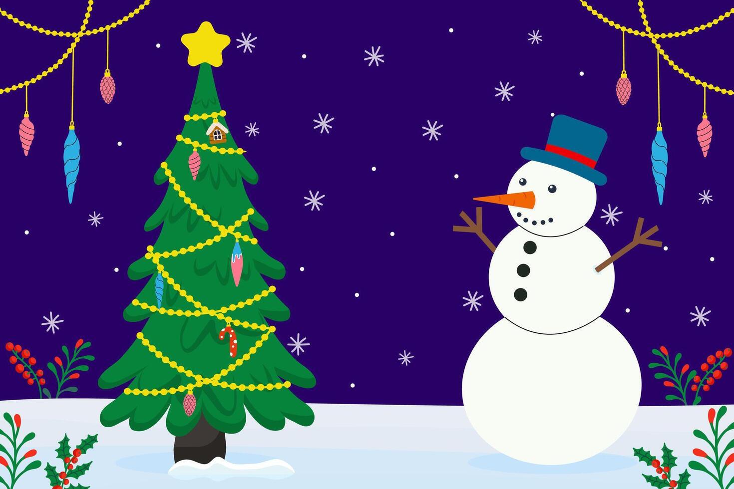 Festive winter scene with decorated Christmas tree and cheerful snowman in a snowy landscape vector
