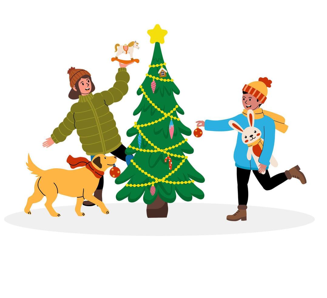 Children decorating a Christmas tree with their dog in winter festive clothing vector