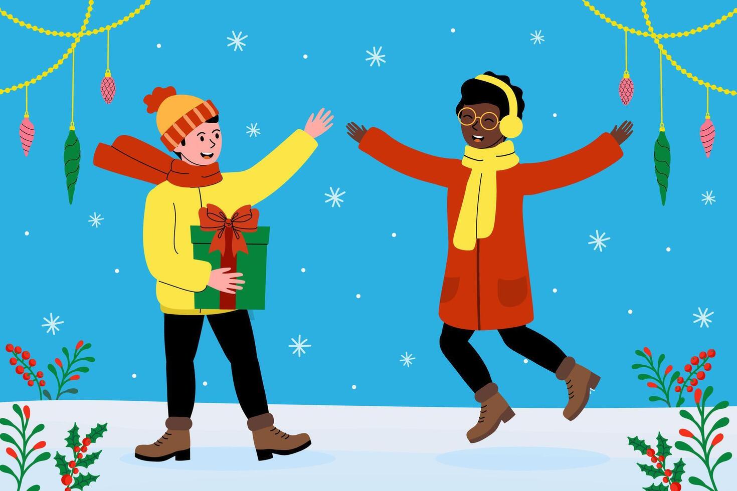 Friends celebrate winter holidays with a gift exchange in a joyful and colorful setting vector