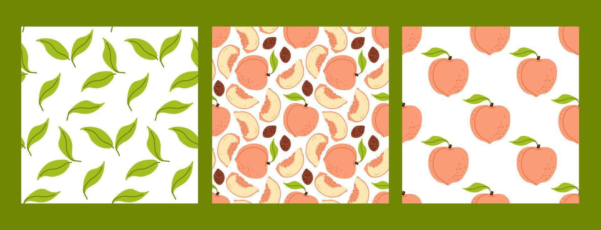 Colorful patterns featuring peaches, leaves, and fruit slices on a vibrant background vector