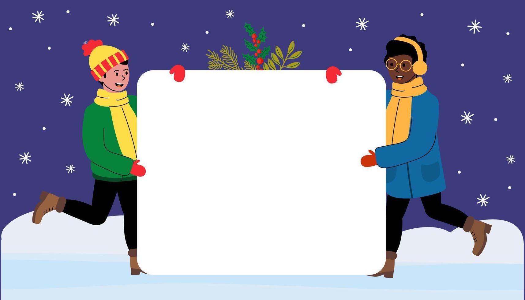 Two children holding a blank sign in a winter wonderland setting with snowflakes vector