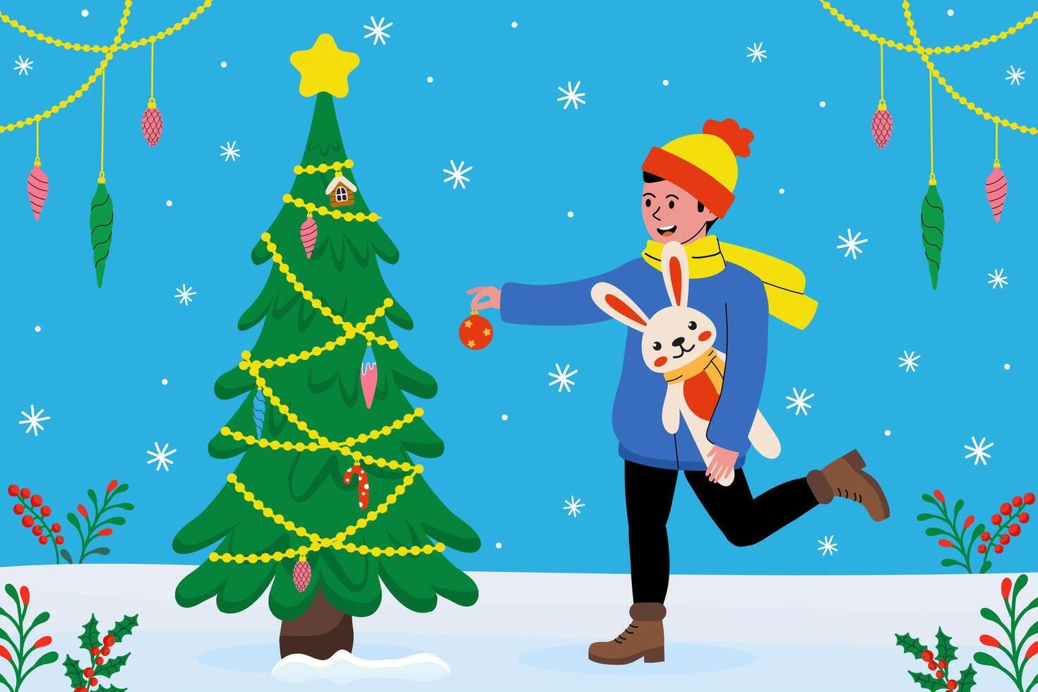 Joyful child decorating Christmas tree with ornaments and holding a stuffed bunny vector