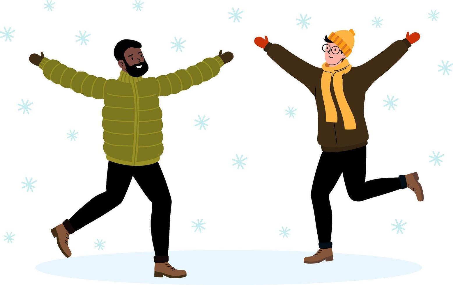 Two friends celebrating joyfully in winter wonderland with snow falling around them vector