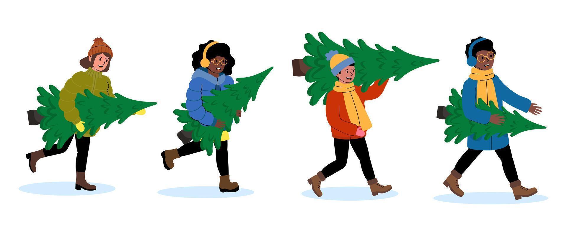 People carrying Christmas trees during winter in a festive outdoor setting vector