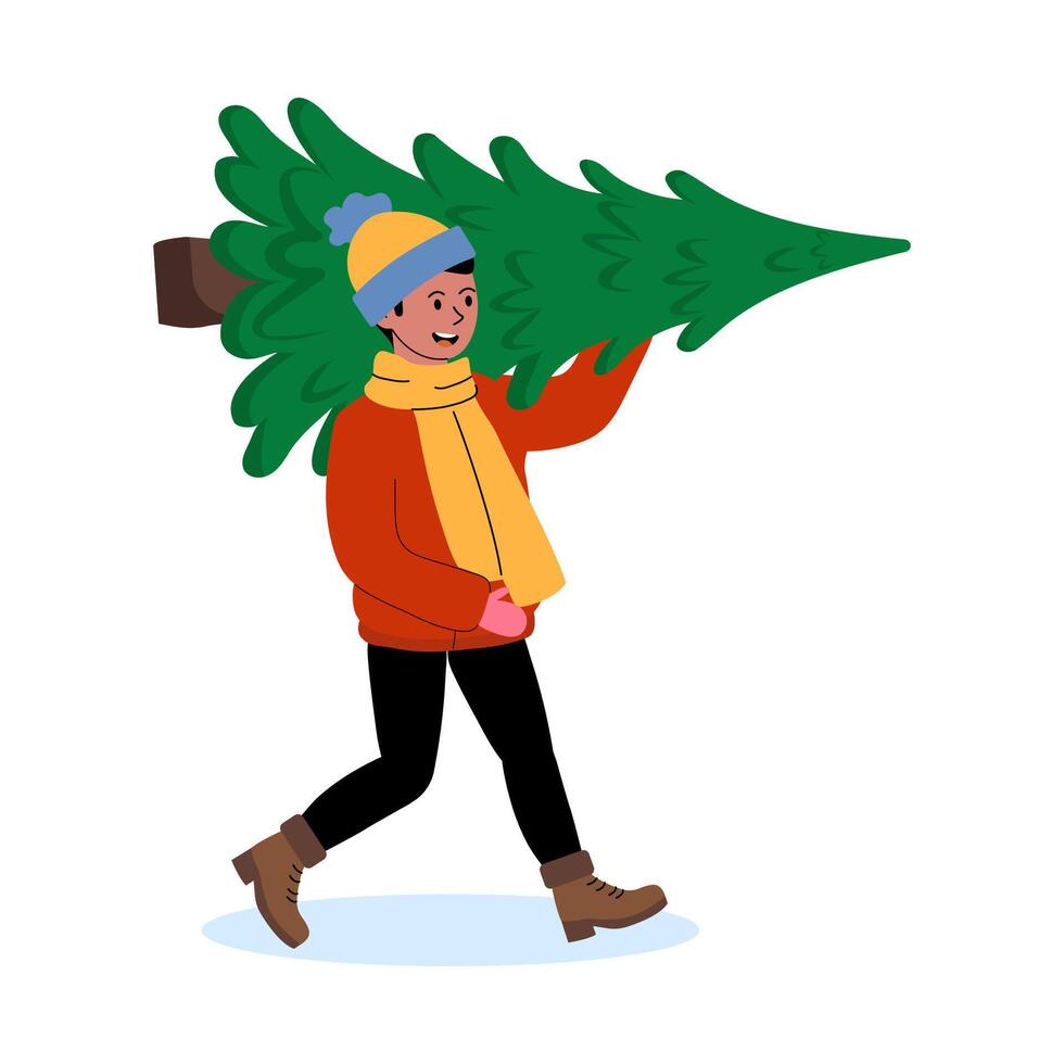 Person carrying a Christmas tree through the snow on a winter day vector