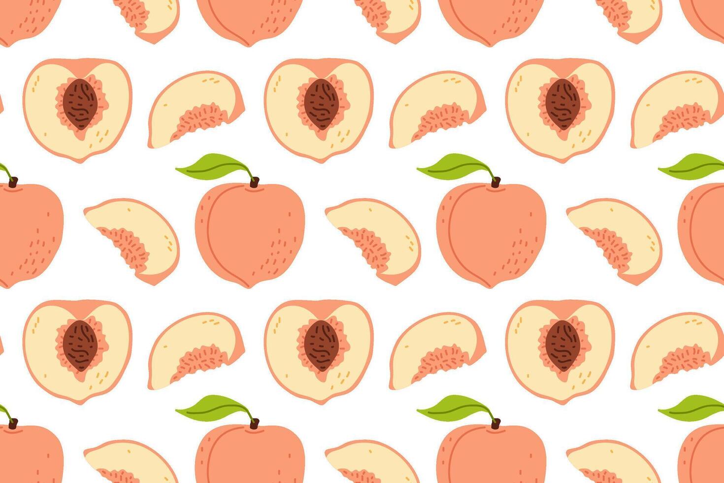 Colorful peach pattern with whole and sliced fruits on a white background vector