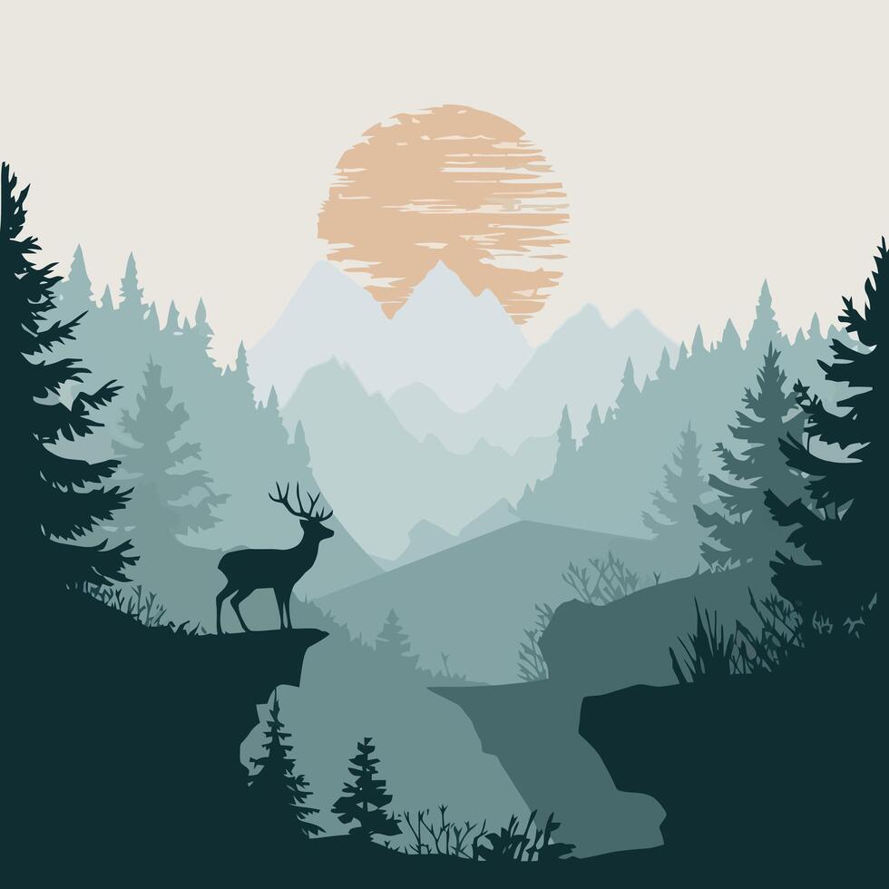 Deer silhouette in a serene mountain forest at sunrise. vector