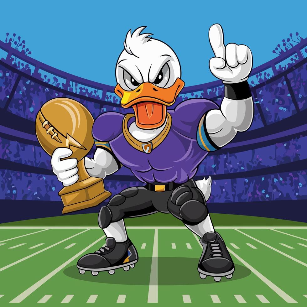 Victory duck mascot holding a trophy on a football field. vector