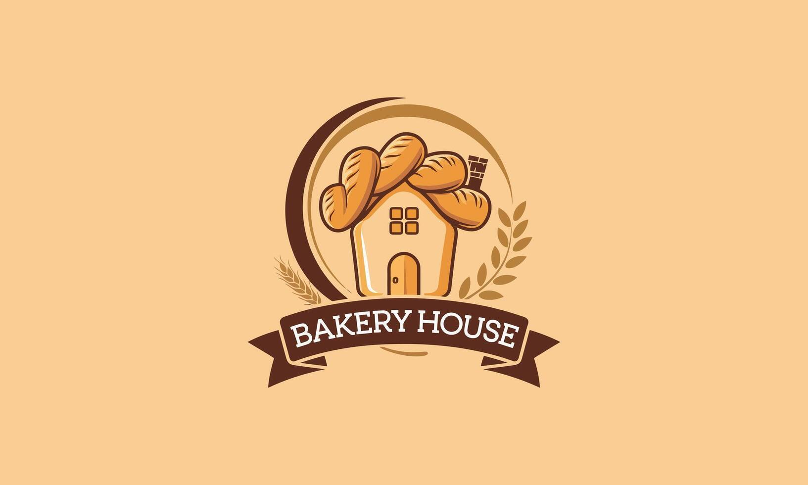 Bakery house logo with bread roof and wheat decoration. vector