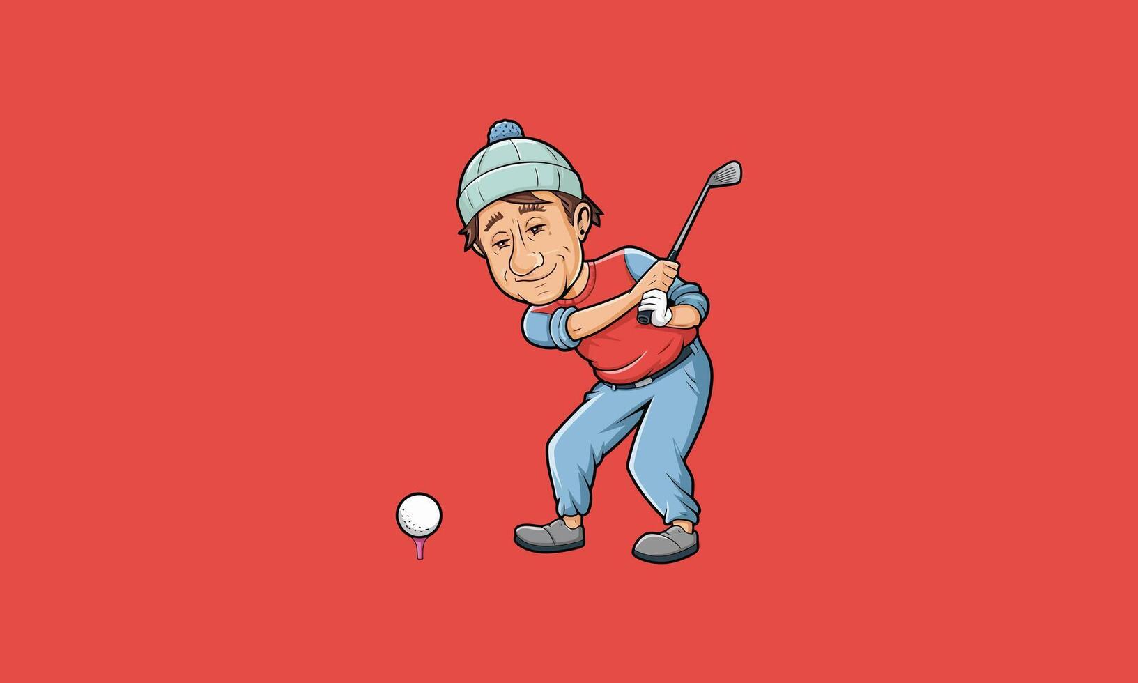Cartoon golfer preparing to swing on a red background. vector