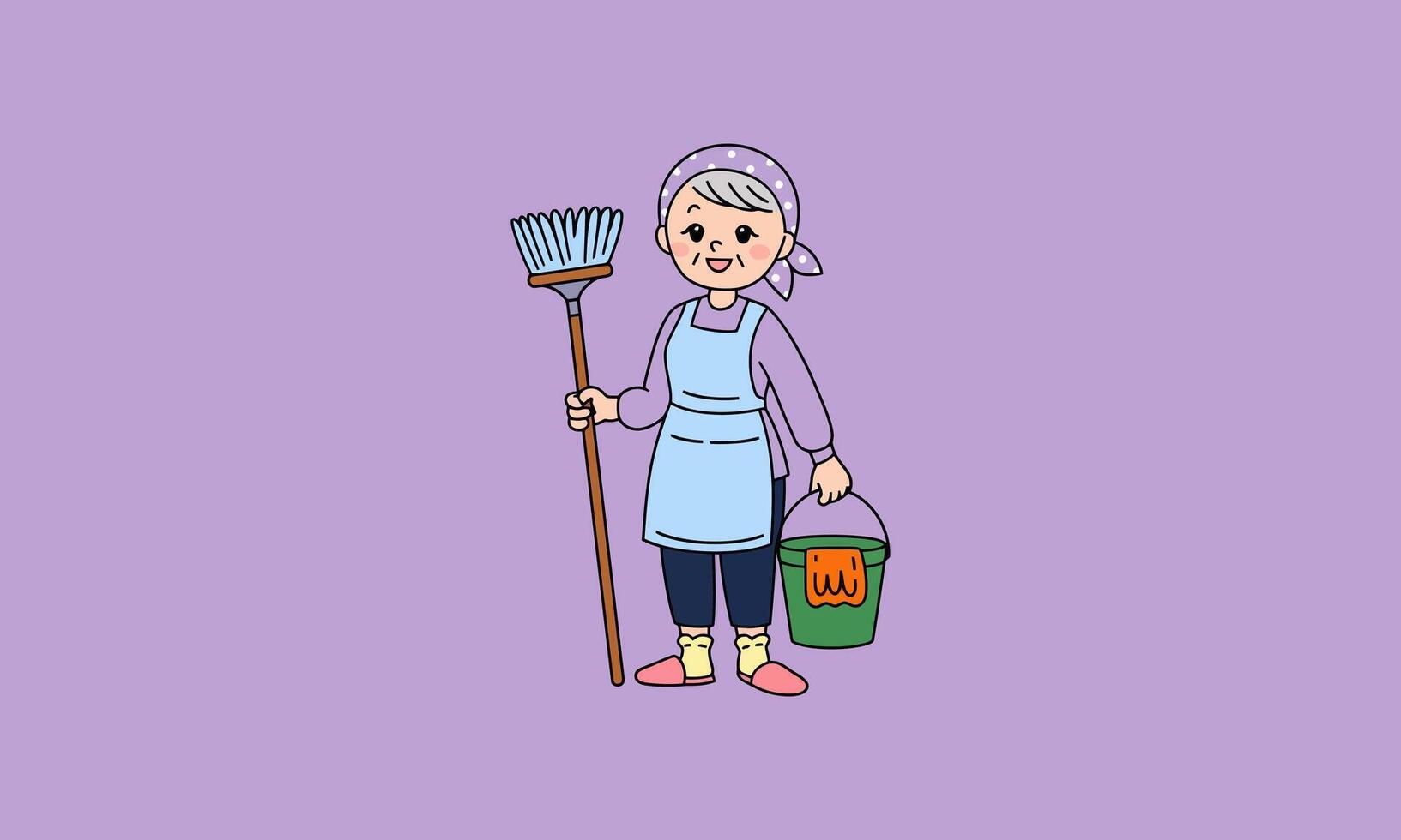 Smiling elderly woman holding a broom and a cleaning bucket. vector
