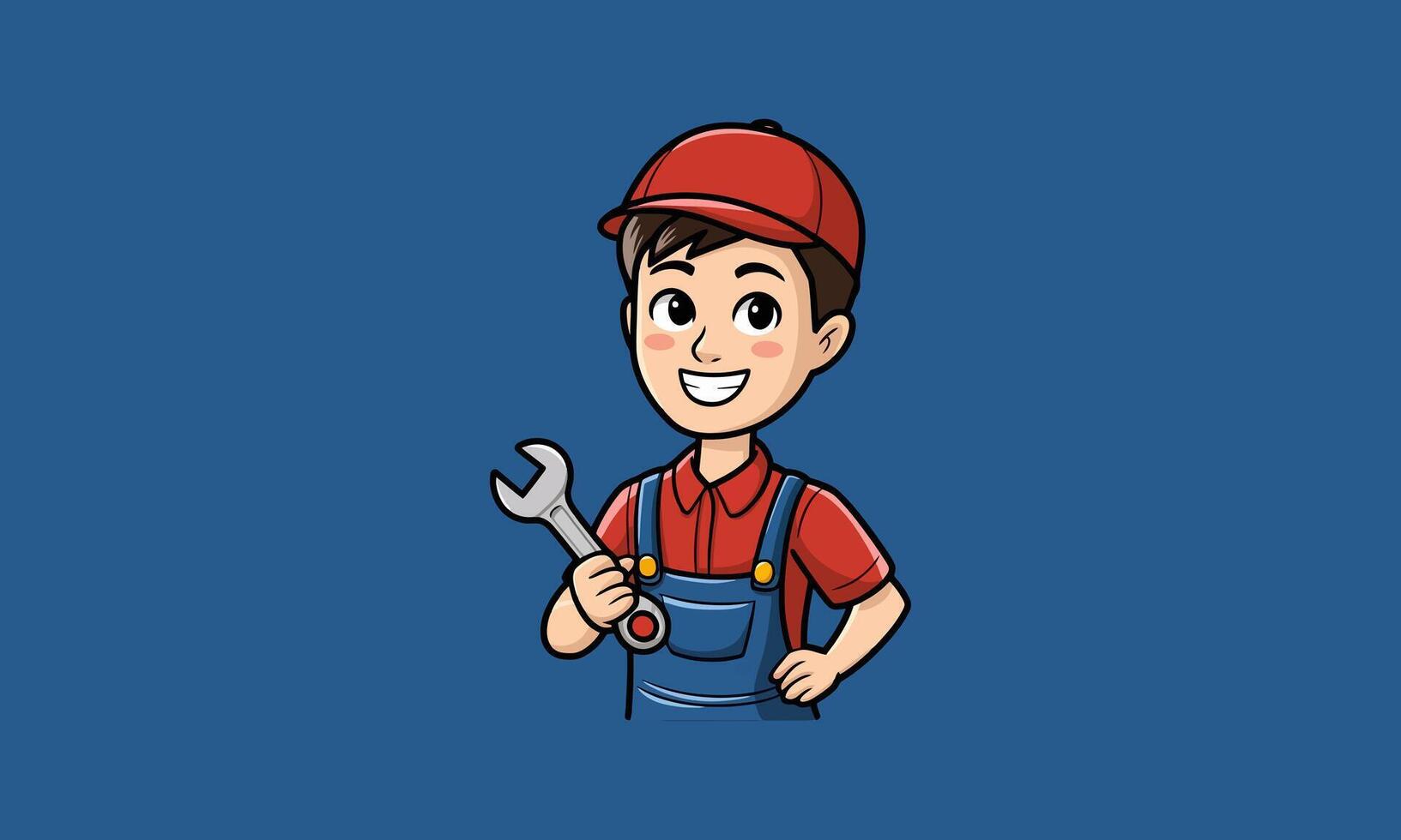 Smiling young mechanic holding a wrench in work overalls. vector
