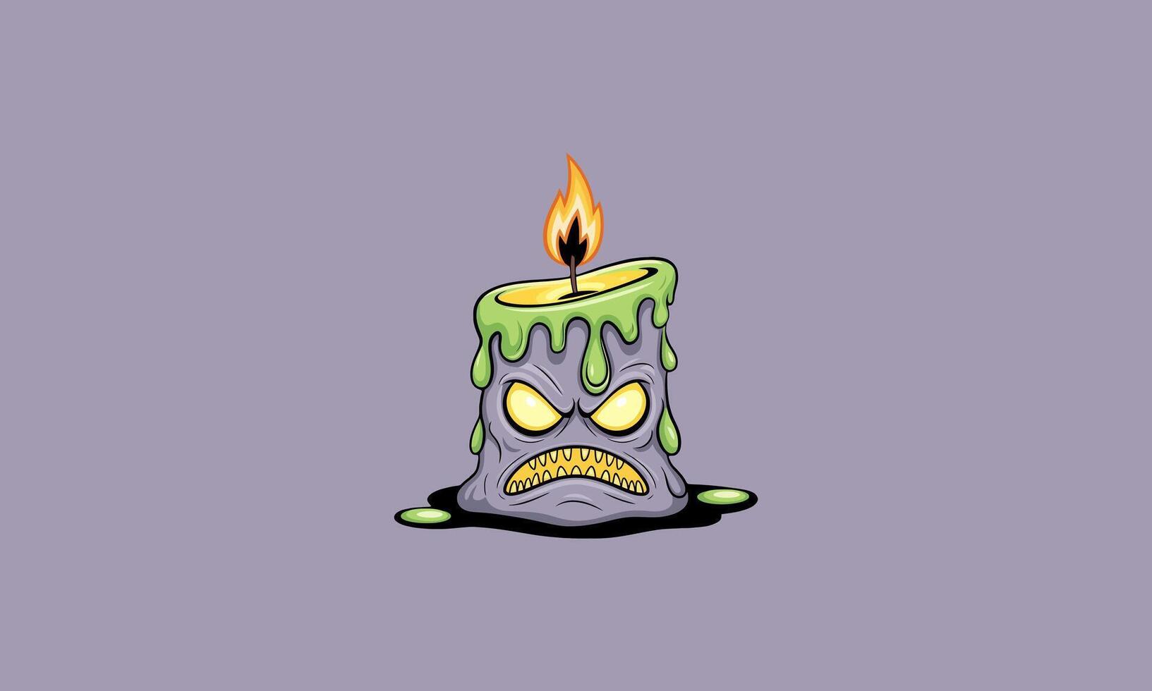 Spooky melting candle with a sinister face and flame. vector