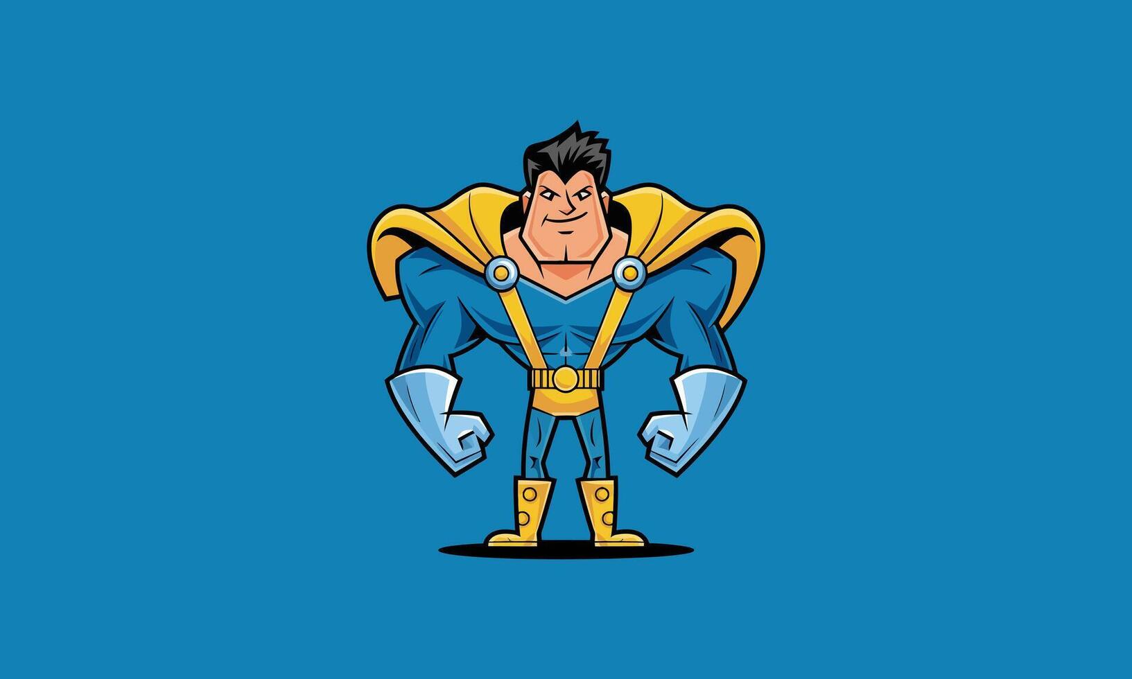 Powerful superhero in blue and yellow with a confident pose. vector