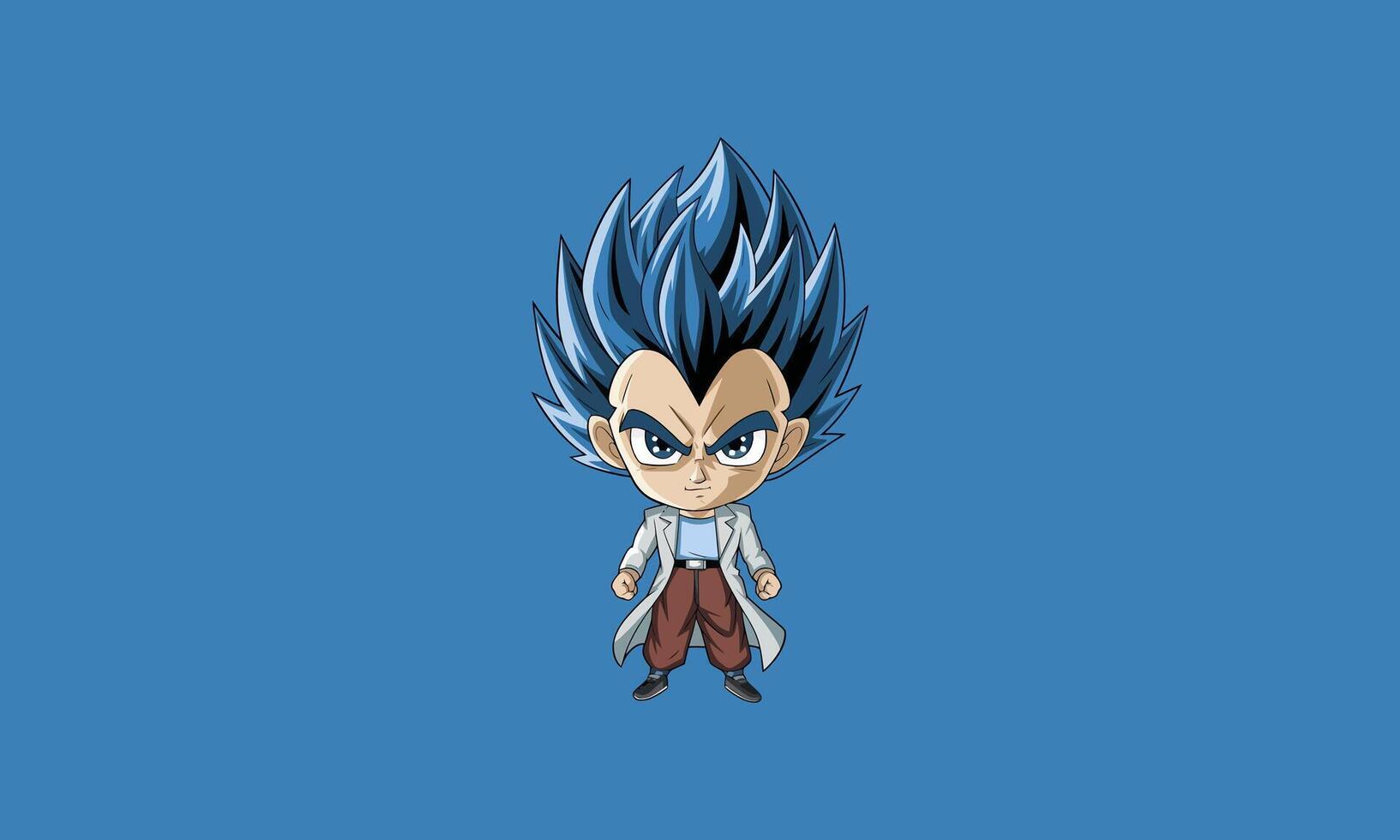 Chibi-style character with spiky blue hair on blue background. vector