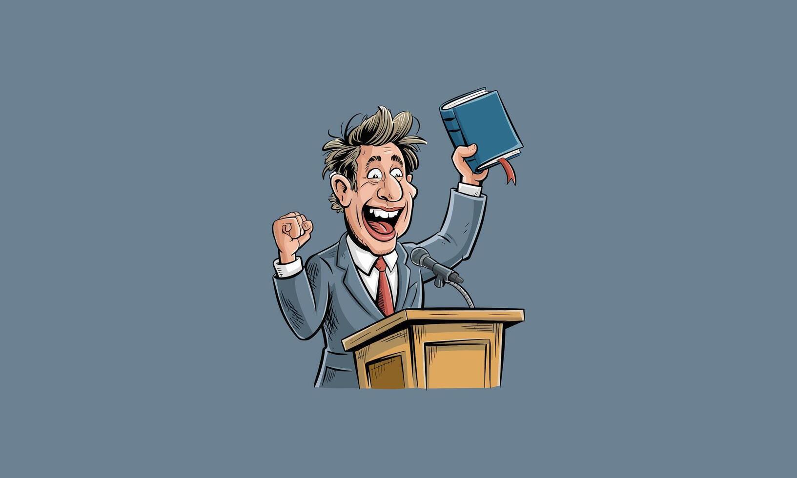 Excited speaker at podium holding a book and cheering. vector