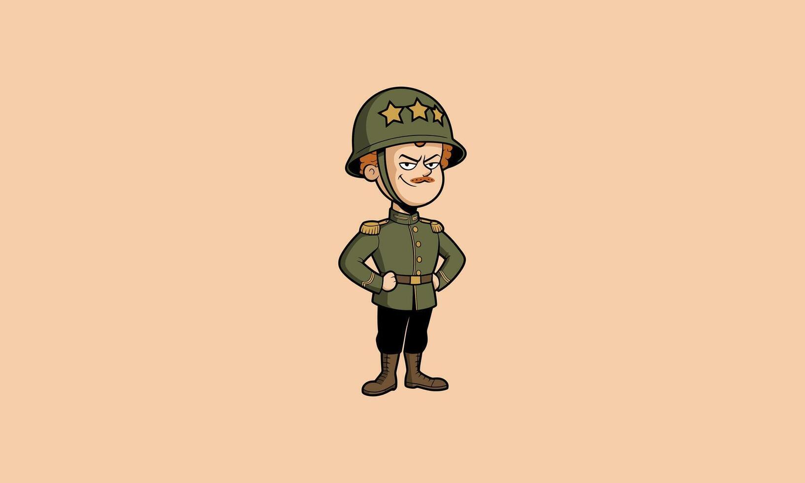 Confident cartoon military officer in uniform with helmet. vector
