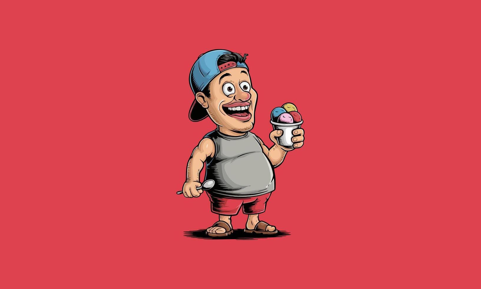 Happy man with ice cream cup and spoon in a casual outfit. vector
