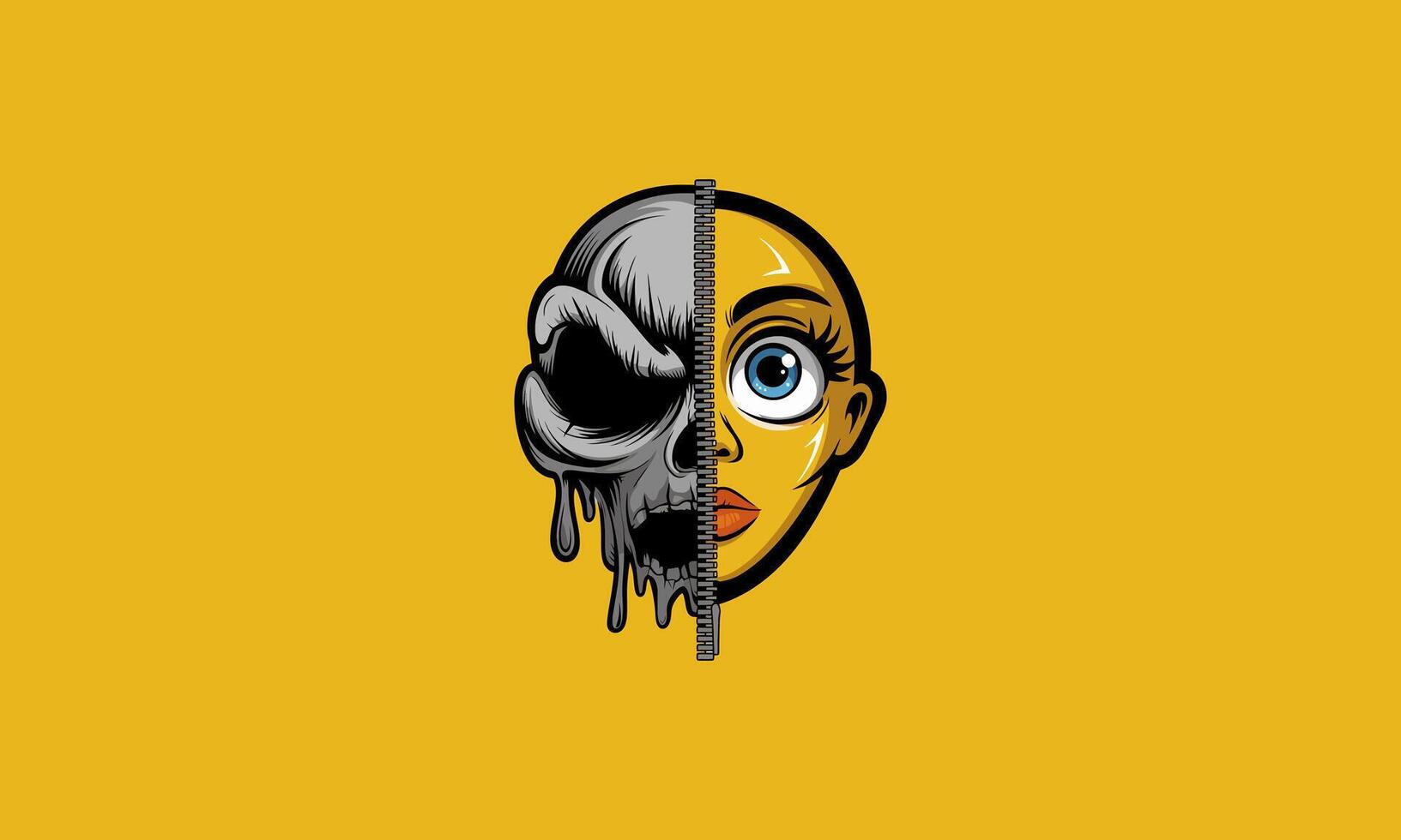 Half skull, half human face with zipper division on yellow background. vector