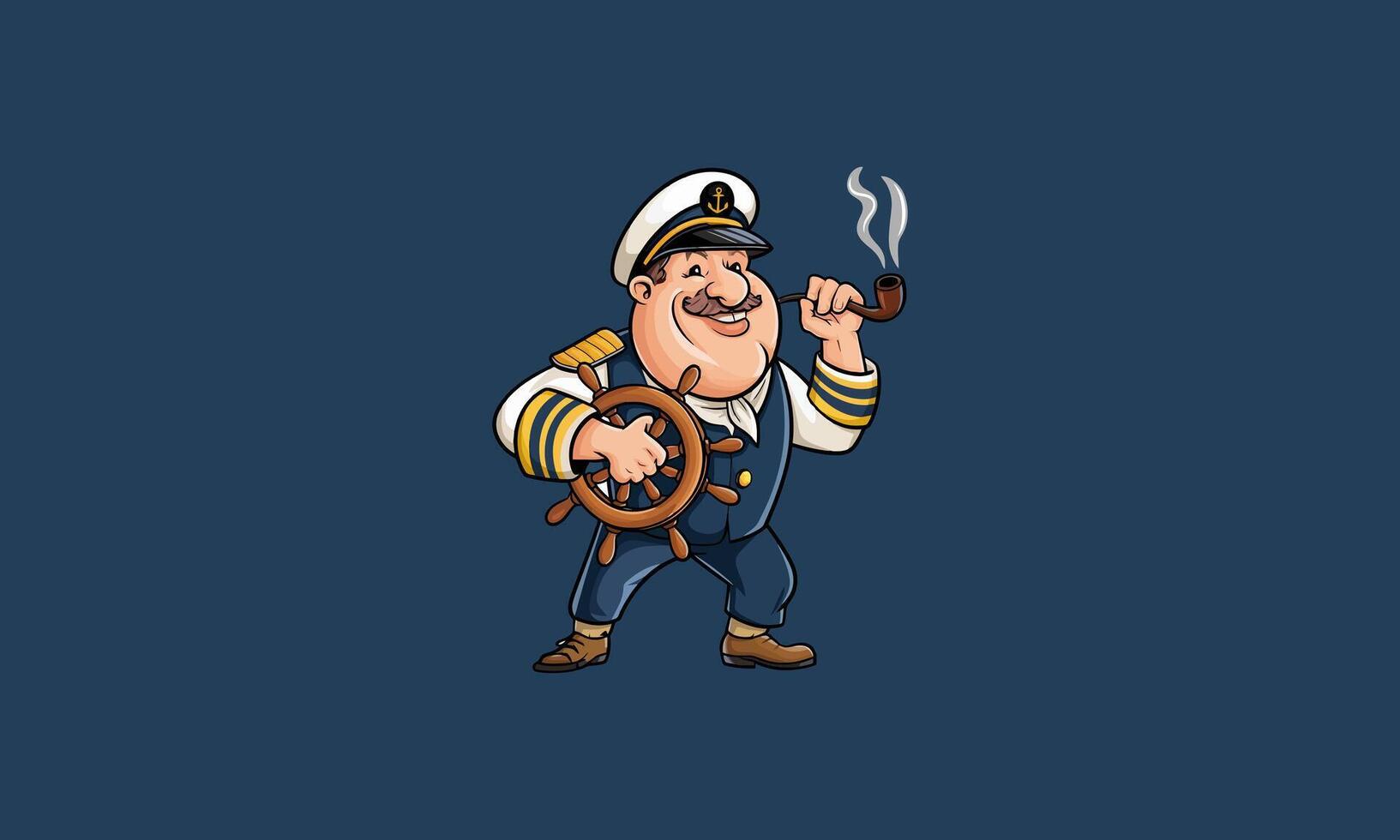 Cheerful cartoon captain with a ship wheel and smoking pipe. vector