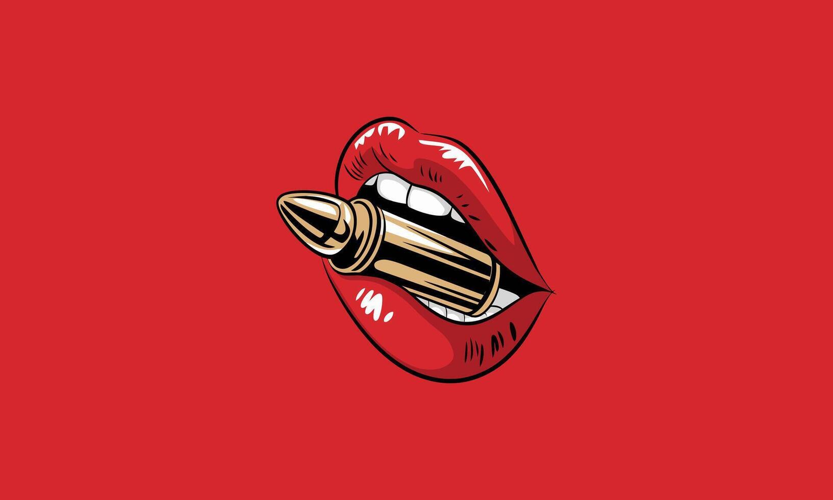 Bold red lips biting a golden bullet on red background. vector