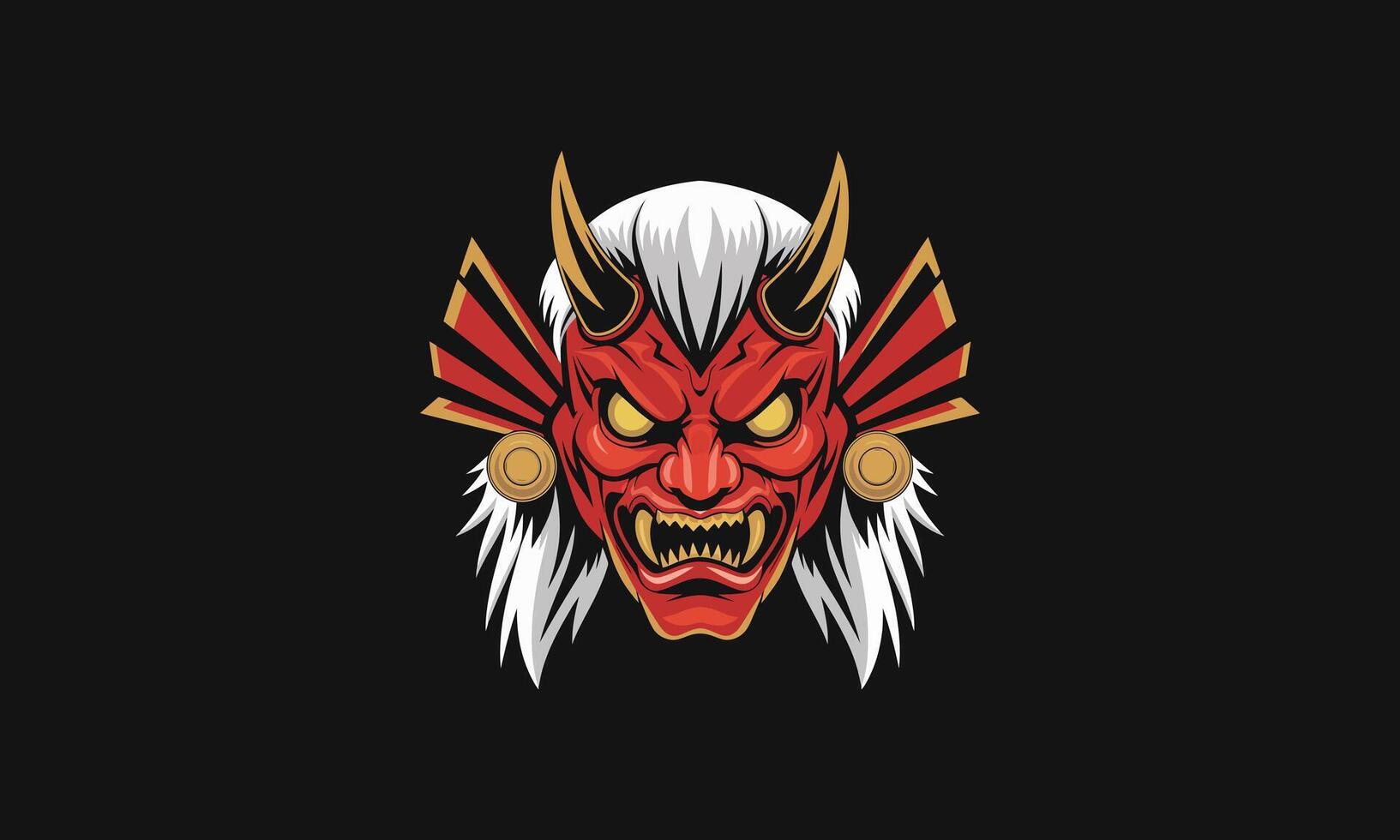 Fierce red demon mask with horns and golden details. vector