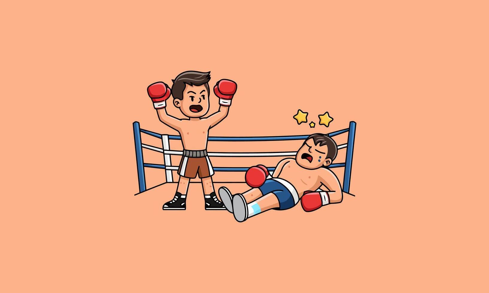 Boxing match winner celebrates as opponent is knocked out. vector