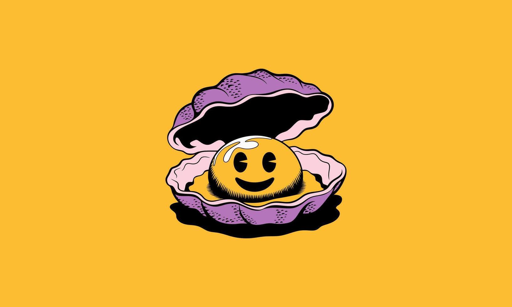 Happy pearl emoji inside an open shell on yellow background. vector