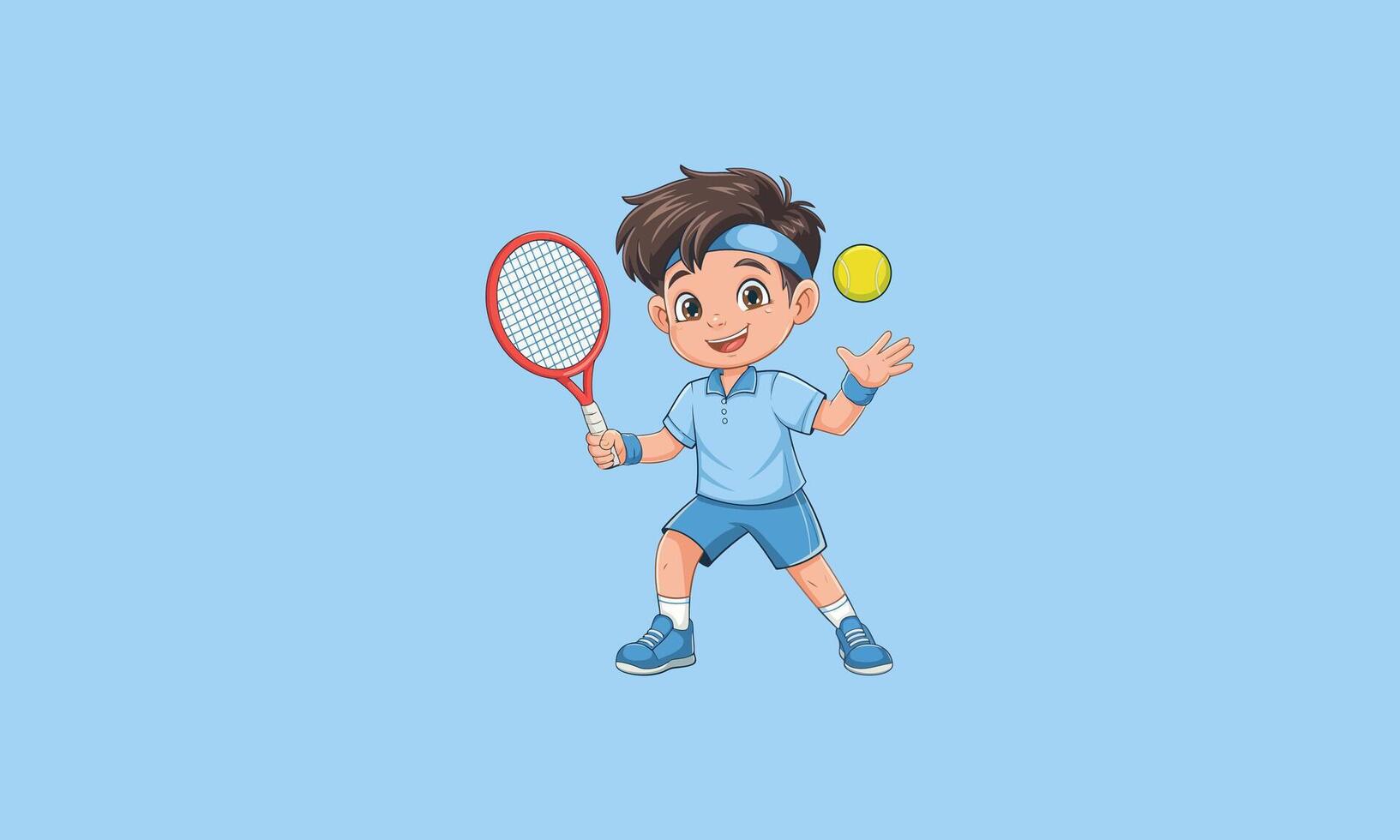 Happy boy playing tennis with a racket and ball . vector