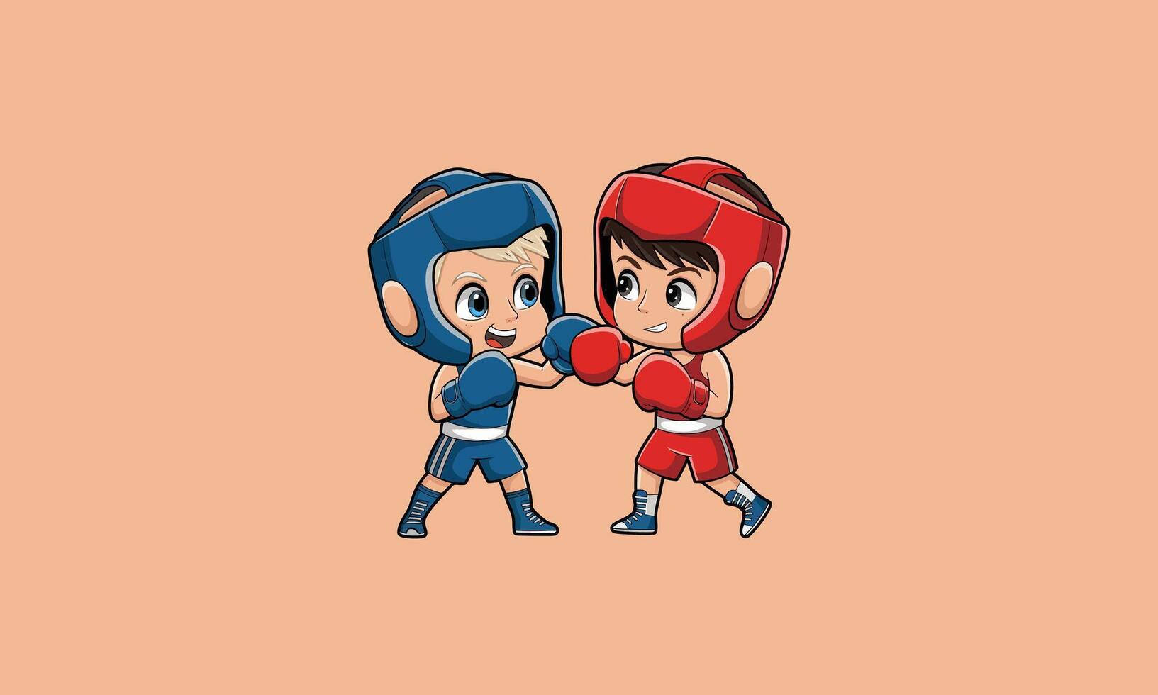 Two kids boxing with helmets and gloves in blue and red gear. vector