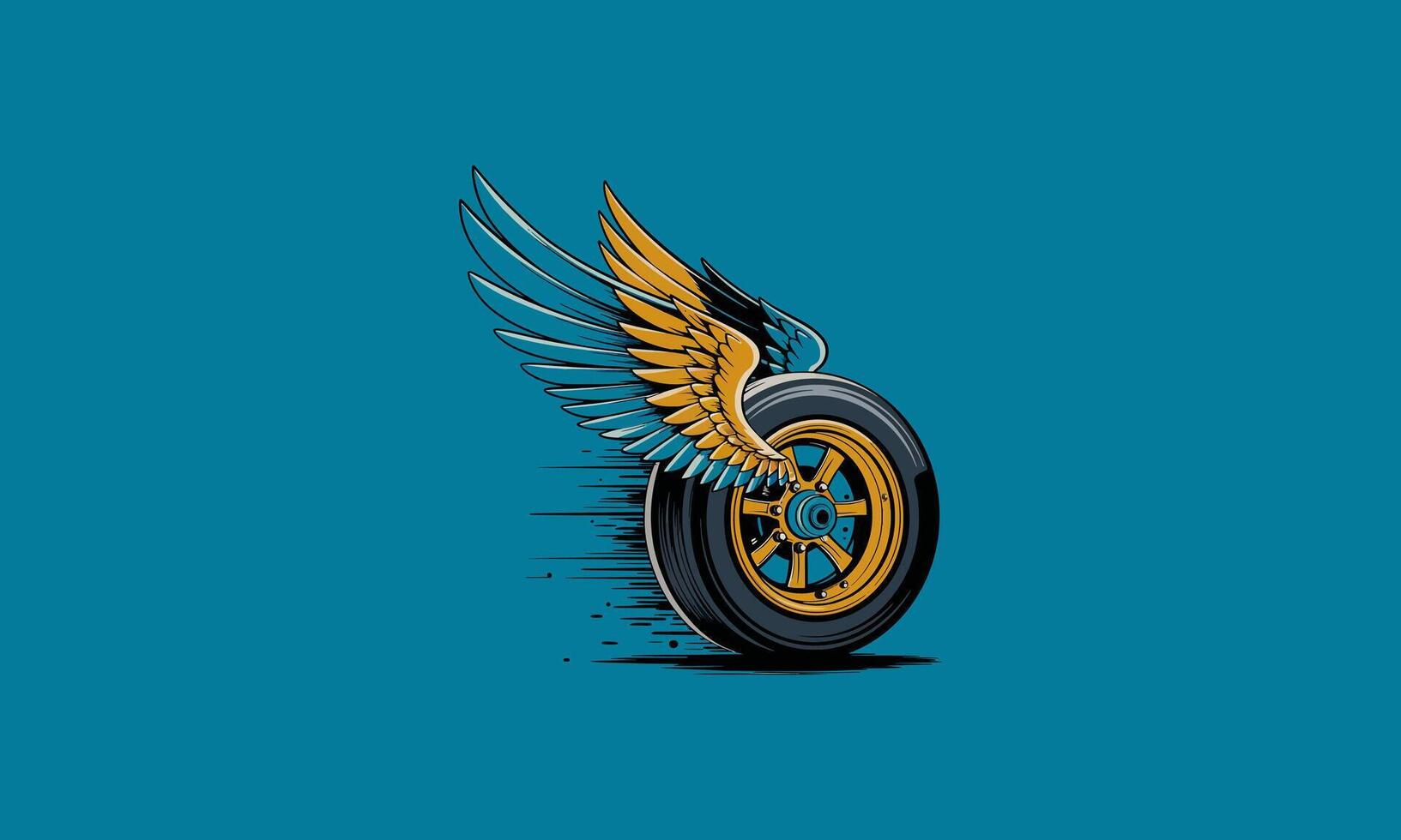 Golden wheel with colorful wings on a teal background. vector