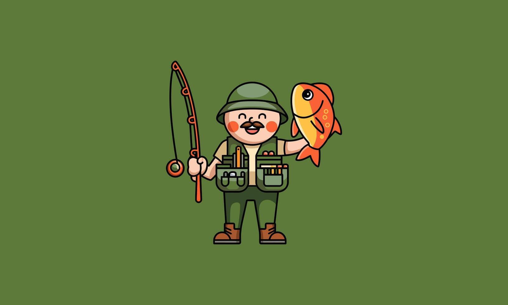 Happy fisherman holding a fishing rod and a large fish. vector