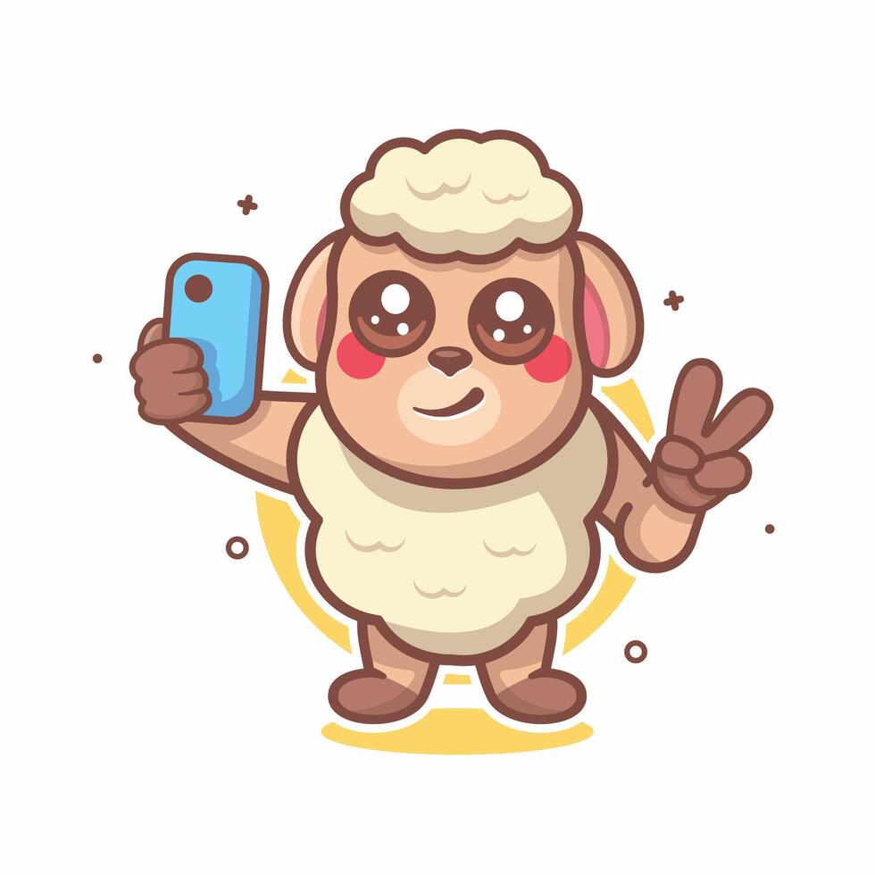 smiling sheep character mascot taking a selfie with a smartphone isolated cartoon vector