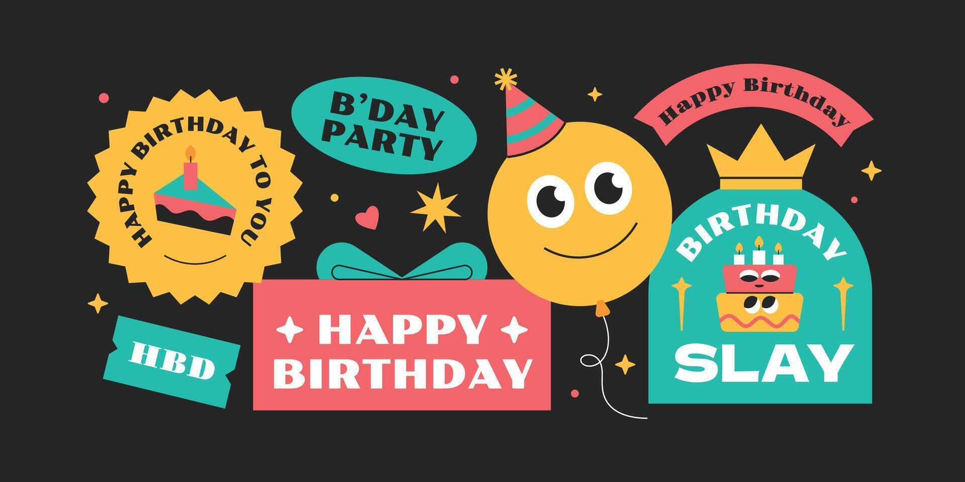 Happy birthday party vintage playful stickers collection Tags labels stickers y2k hipster style vector