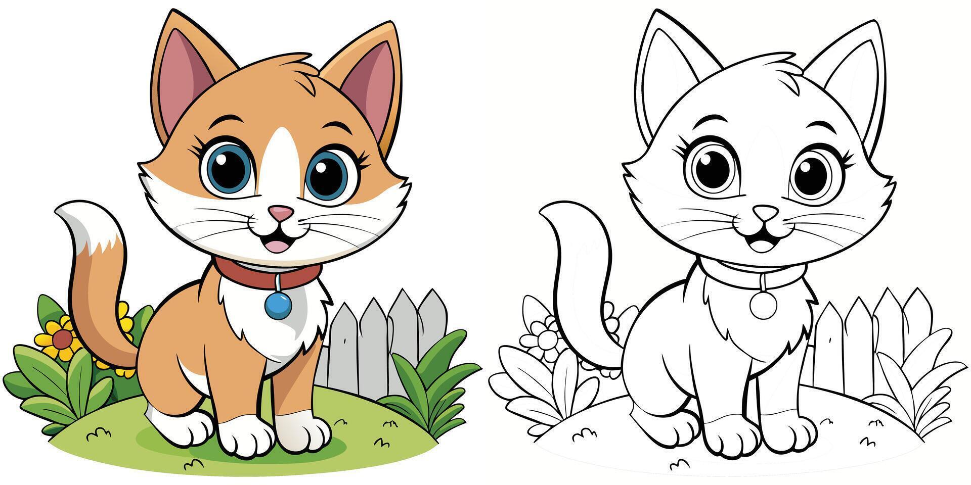Cute Kitten Coloring Book For Kids Printable. Little Cat In Garden Cartoon Outline . Animal Cartoon Illustration vector