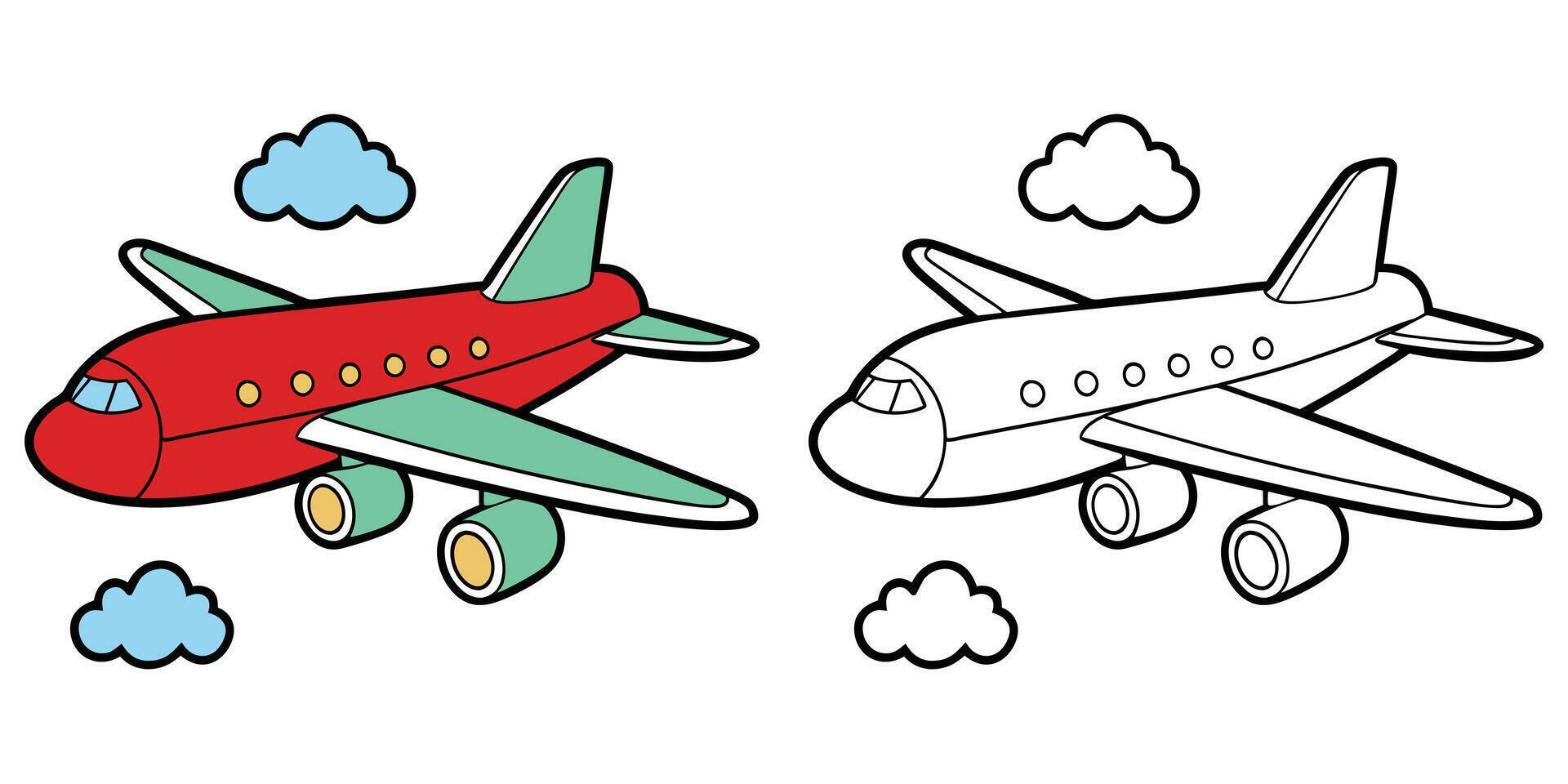 Air Plane In The Sky And Clouds. Air Plane Coloring Pages For Kids Printable. Air Plane Illustration With Outline vector
