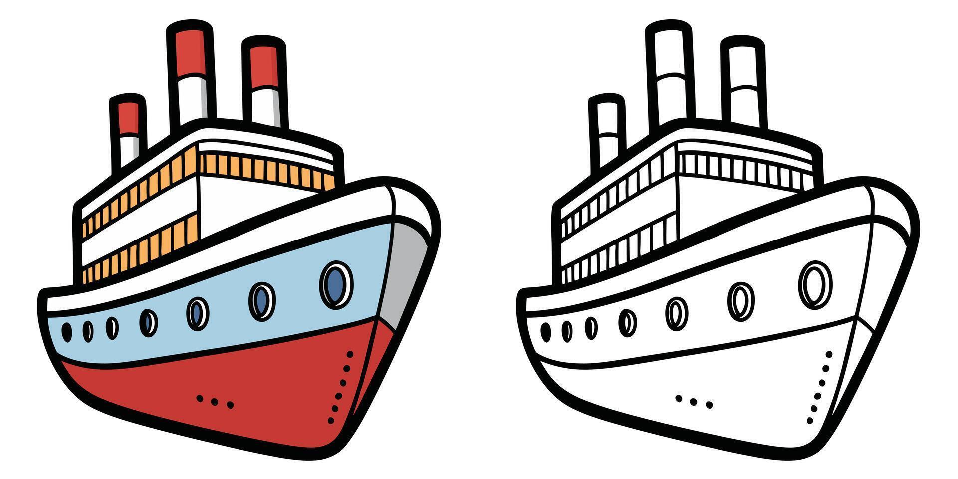 Big Ship Sailing In The Sea Coloring Pages For Kids. Easy Ship Coloring Book Printable. Vessel Cartoon Illustration vector