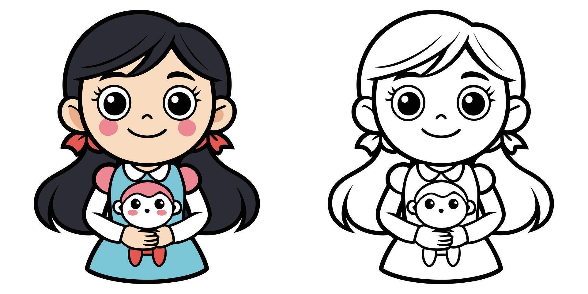 Happy Daughter Holding Doll Cartoon Coloring Page For Kids vector