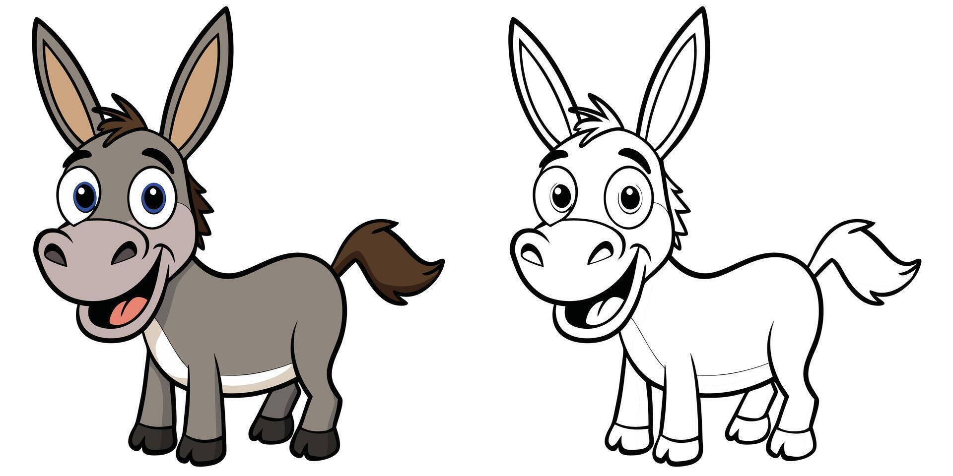 Happy Donkey Cartoon Coloring Pages For Kids. Donkey Coloring Book Printable. Donkey Illustration With Black Outline. Easy Animal Coloring vector