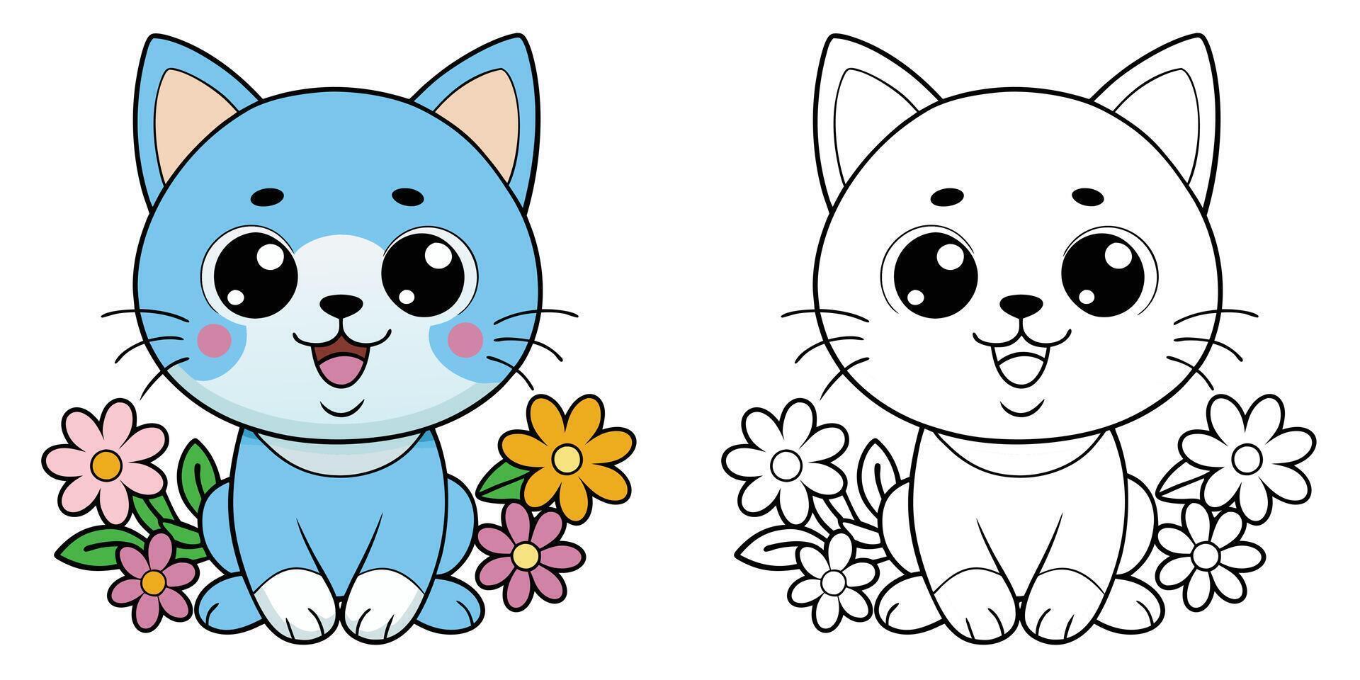 Cute Kitten And Flowers Coloring Pages For Kids. Cat Coloring Book Printable. Kawaii Kitten Cartoon Character Illustration vector