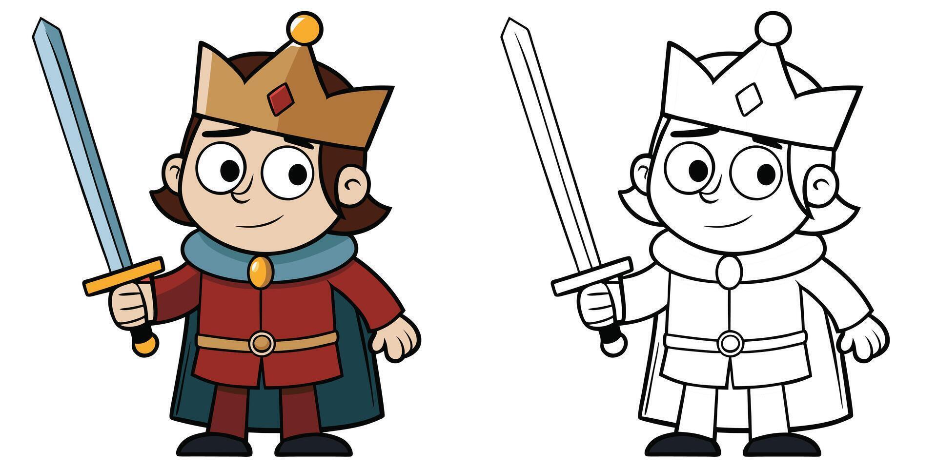Cute King With Crown Holding Sword Cartoon Outline Coloring Page For Kids vector