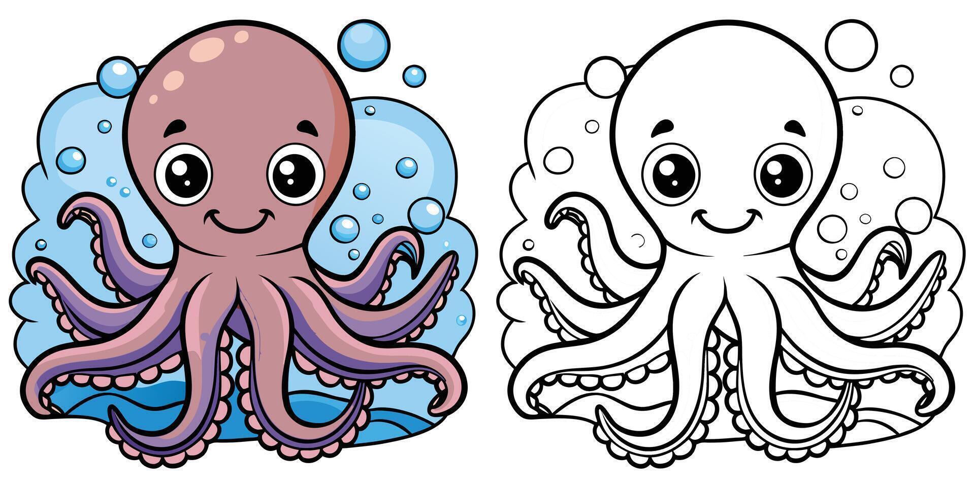 Cute Baby Octopus Underwater Cartoon Outline Coloring Page For Kids vector