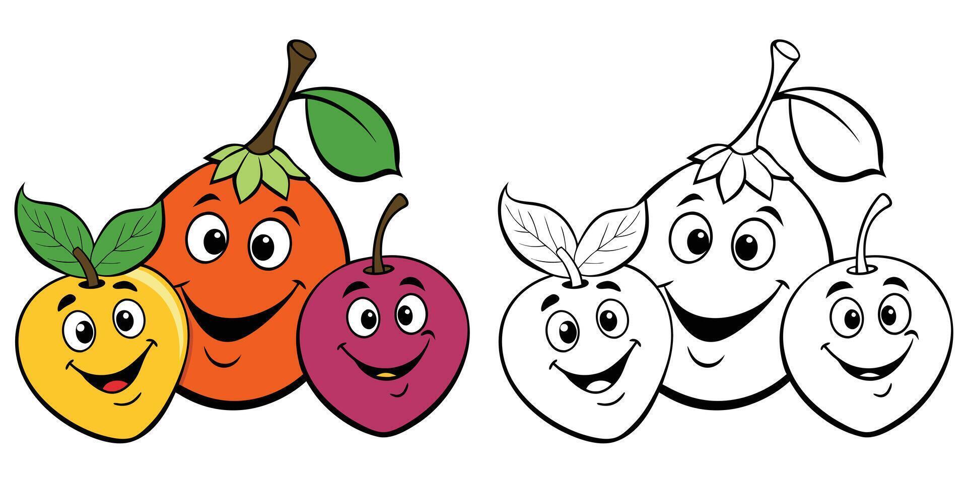 Funny Fruits Cartoon Smiling Coloring Pages For Kids. Easy Fruits Cartoon Coloring Book Printable. Fruits Cartoon Character Illustration vector